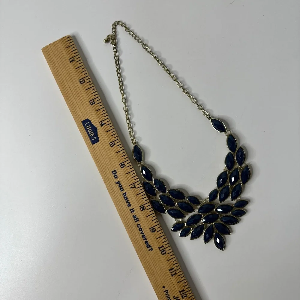 Navy Blue Marquise Rhinestone Bib Necklace Gold Tone Statement Adjustable Chain‎
